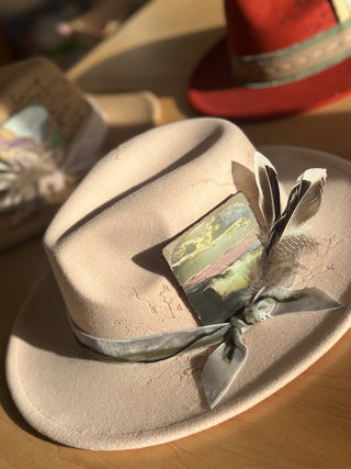 Light Blush Pink hat with Vintage Litho card and ribbon