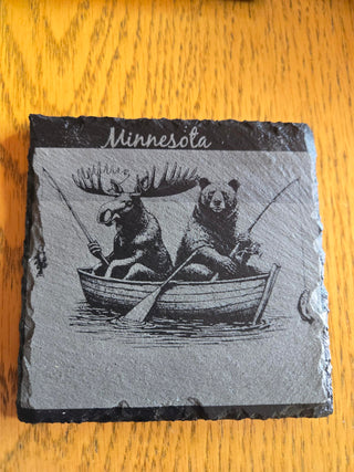 Moose and Bear fishing Slate Coaster