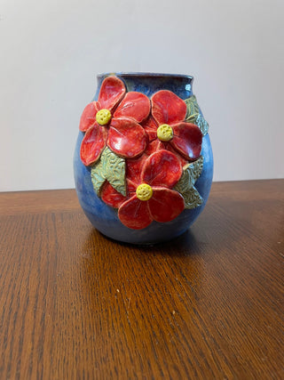 Blue Round Vase with Pink Flowers