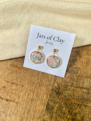 Gold Border Blue and Pink Floral Earrings