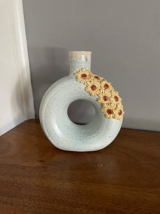 Blue Speckled Donut Vase with Sunflowers