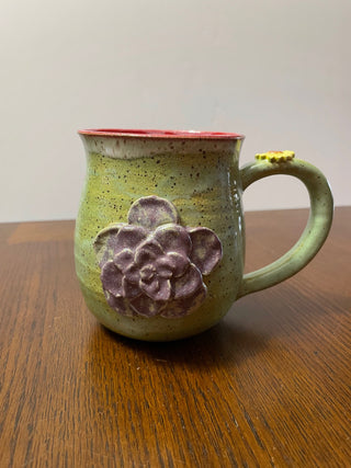 Green Speckkled Mug with Purple Flower