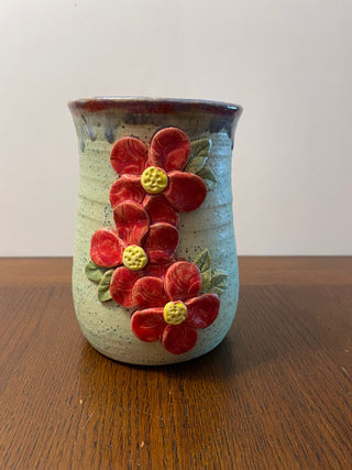 Mint Speckle Vase with Pink Flowers