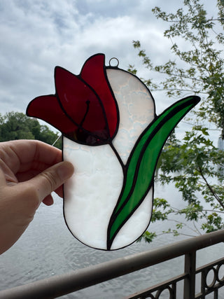 Stained Glass Tulip Mini Panel - Dark Red
