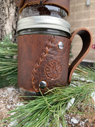 Handcrafted Leather Glass Jar Holder with Handle.