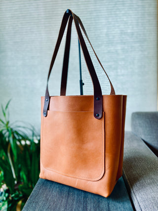 Med Leather Tote in Tan with Dark Brown Straps