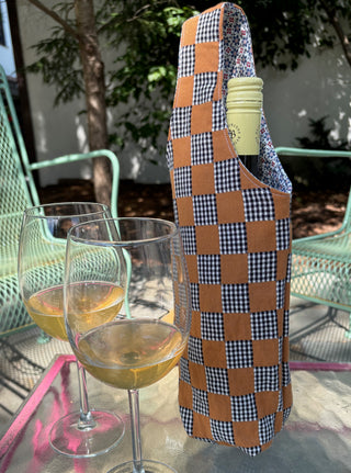 Tan and Black Gingham Fabric Wine Bag
