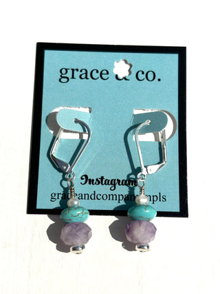 Lavender Amethyst, Turquoise, Pearl Leverback Earrings