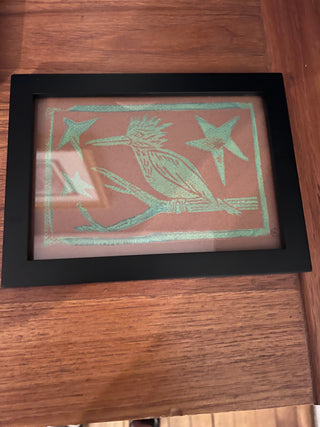 5x7 framed linocut Kingfisher