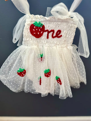 Embroidered Strawberry “One” Dress 12-18m