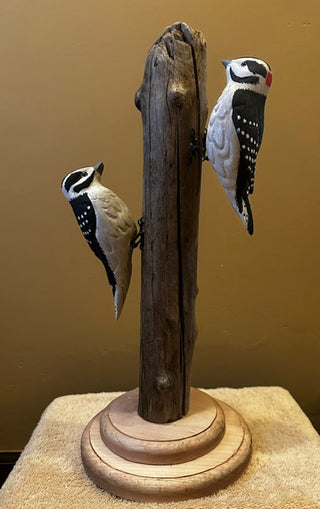 Hand Carved Downy Woodpecker Pair