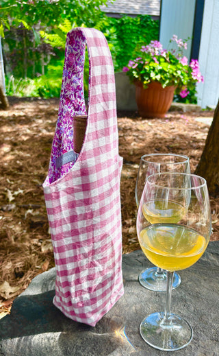 Lavendar Gingham Fabric Wine Bag