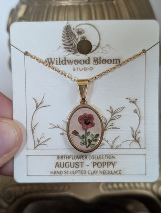 August Birth Flower Clay Necklace (Poppy)