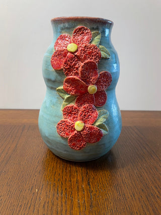 Blue Bubble Vase with Pink Flowers