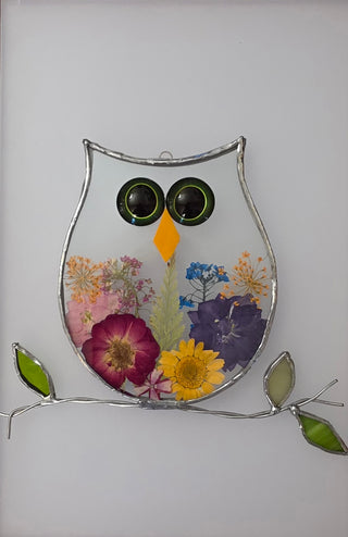 Pressed flower owl stained glass