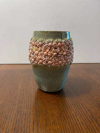 Green Vase with Pink Flowers