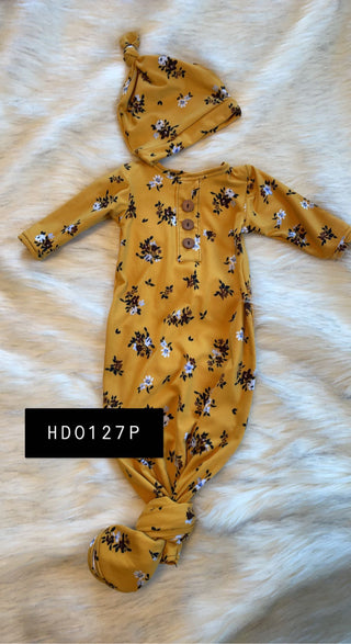Piper gown & hat: Yellow Floral size infant