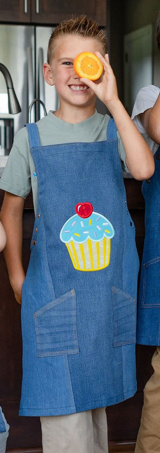 Large Children's Apron, Cupcake on Dk Blue