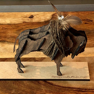 Medium Spirit of Buffalo Sculpture - “Prairie Gem” Designed & made by the artist, the hardwood sculptures measure 3.5” x 4” x1.5” and are embellished with twigs, stones, feathers, findings & buffalo fluff. Packaged in a protective acetate box. Per