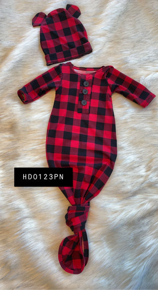 Piper gown-hat: Blk-Red Buffalo Check Infant Gown